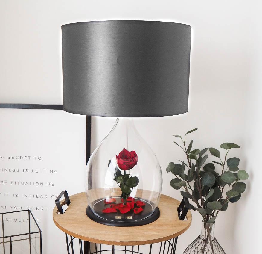 Moderne Designerlampe mit Anthrazit grauem Lampenschirm und Infinityrose Monde des Fleurs
